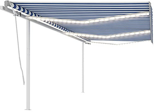 Homgoday Markise Automatisch mit LED & Windsensor Gelenkarmmarkise Sonnenmarkise Balkonmarkise Sonnenmarkise Sonnenschutz, Höhen & Winkel Verstellbar für Terrasse Balkon 6x3 m Blau und Weiß