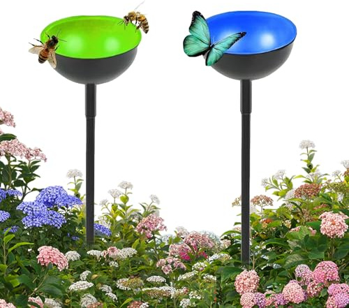 Bee Drinking Cups for Garden, 2Pcs Bee Insect Drinking Cups with Metal Stakes,Safe Drinking for Bee's and Insects,Bee Watering Station for Bird Butterfly, Garden Decorations (B)