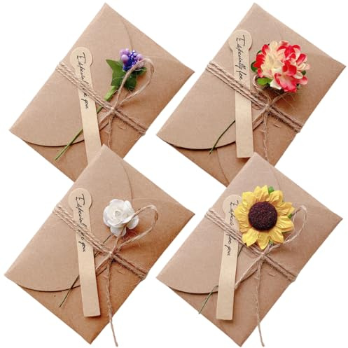 4 Pezzi Biglietto di Auguri Cartolina Buste Retrò Carta Kraft Fiori Secchi Decorato Cartolina 3D Biglietti d'Auguri con Buste in Carta Kraft retrò Decorati con Fiori Secchi.