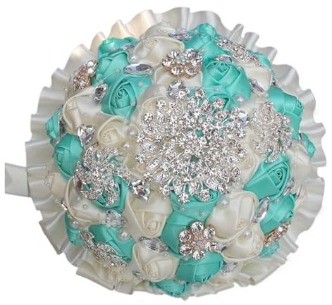 Yanonug Bouquet da Sposa Bouquet di Strass Bouquet da Sposa Bouquet di Rose Bianche Avorio Bouquet di Diamanti Completi Bouquet da Sposa(Tiffany+Cream)