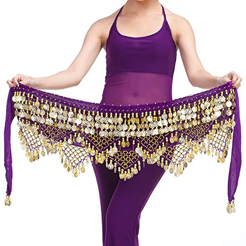 LVUNZJCA Damen Bauchtanz Hüfttuch Münzen DREI Gerade Zwei Winkel Bauchtanz Taillenkette Hüftschal für Tanz, Yoga(Lila)