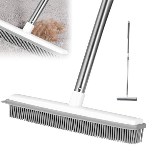 Pet Hair Removal Broom Long Handle Adjustable Carpet Rake Cat Dog Hair Remover Rubber Broom with Built in Squeegee Lint Remover Brush for Carpets Couch Rugs Mats Stairs (53inch)
