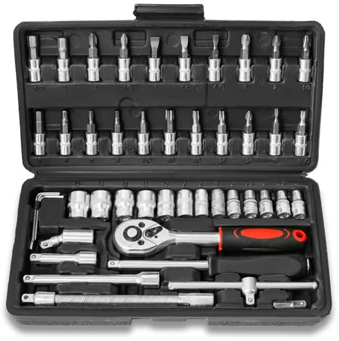 Hakkin 46Pcs 1/4” Drive Socket Set with Ratchet Wrench Hex Bit Socket Set Torx Bit Socket Set Extension Bar for DIY, Car Repair and Household with Storage Case