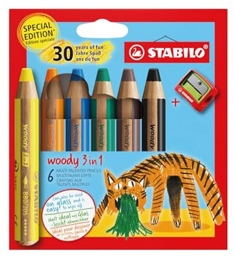 STABILO - Buntstift, Wasserfarbe & Wachsmalkreide - woody 3 in 1 | Jubiläumsedition, Tiger, 6er Pack mit Spitzer, 6 Farben
