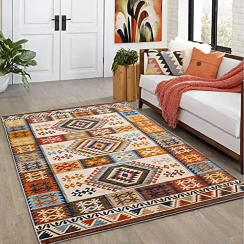 AAFUOO Marokkanischer Tribal-Boho-Vintage-Teppich für Wohnzimmer, orange, waschbar, rutschfest, Schlafzimmerteppich, Bohemian-Orientalischer Akzentteppich, 80 x 200 cm
