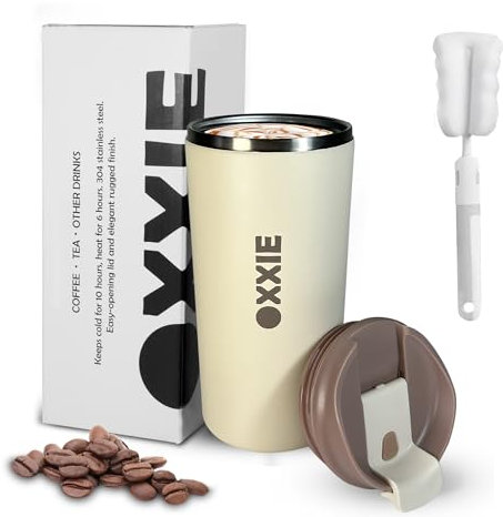 OXXIE Vaso Termo Cafe Para Llevar Pequeño 350ml, Vaso Termico, Aislamiento de Doble Pared, Taza de Cafe de Acero Inoxidable, TazaTermica con Tapa Hermetica, Reutilizable y Antigoteo (Beige-Marron)