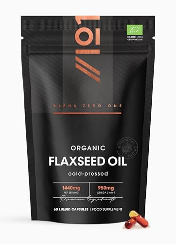 Organic Flaxseed Oil Capsules 1440mg - 64% Omega 3-6-9 – 60 Count – Cold Pressed – Rich in Alpha Linoleic Acid, Linoleic Acid & Oleic Acid - by Alpha01