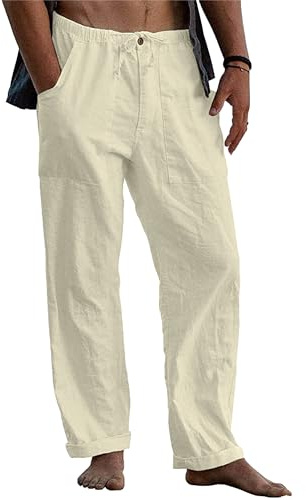 LVCBL linnebyxor herr sommar höst lösa lediga linnebyxor med fickor elastisk midja, Beige, XXL