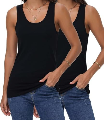 wirarpa Women's Vest Tops Ladies Cotton Stretch Tank Tops Summer Basic Undershirts Pack of 2 Black Size XX-Large