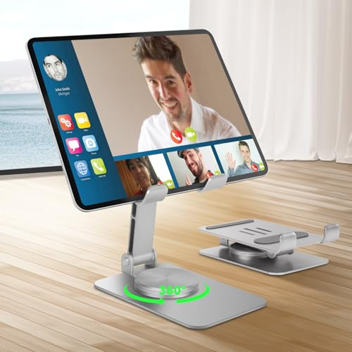 HOTUT Support Tablette Bureau, Support Tablette Réglable avec Base Rotative à 360 Degrés, Robuste Support iPad, Berceau Pliable pour iPad/Pro/Air/Mini, iPhone, Huawei, Galaxy, Kindle