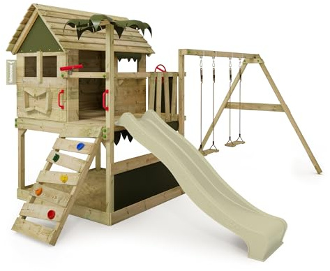 Fatmoose Parco giochi Portico Arrampicata TikaTaka Town XXL con altalena & Scivolo Verde Salvia, all'aperto Bambini Torre di arrampicata con Sabbia Scala & Accessori per Giochi