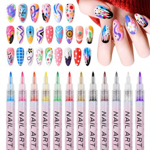MKNZOME 12 Color Nail Art Pens, 3D 0.7 MM Nail Polish Pens Set Dotting Tools Acrylic Paint Pens Drawing Painting Point Liner Pen, Waterproof and Quick-drying for DIY Nail Art Design Tools