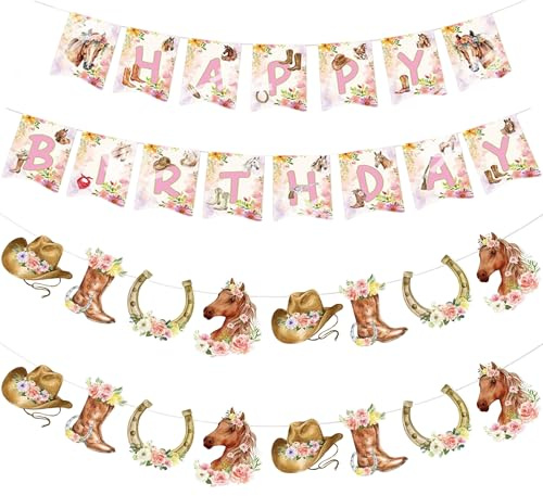 Xietaea Pferde Deko Geburtstag Girlande - 3 Stück Pferd Party Dekoration Pferderennen Geburtstagsgirlande, Happy Birthday Banner für Kindergeburtstag Babyparty Jungen Mädchen