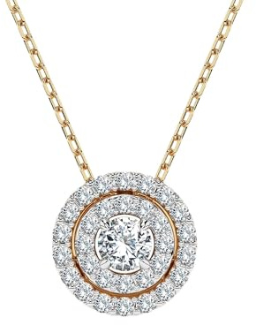 EDELIND Goldkette Damen 585 Echtgold Diamant - Solitär 0.03ct +24 Diamanten 0.11ct ges. Anhänger Doppel-Halo - mit Ankerkette Weißgold 45 cm, Längenverstellbar 40 +5cm - mit Geschenkbox