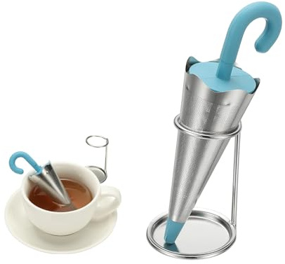sourcing map Umbrella Tea Infuser, Stainless Steel Loose Leaf Tea Steeper Filter with Silicone Handle Reusable Thin Pores Mesh Strainer Diffuser for Teacups Teapots Mugs, Blue