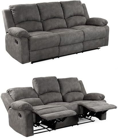 luma-Home 15131/ Dreisitzer-Sofa mit Tonnentaschenfederkern, Anthrazit | B204/T87/H97 cm, verstellbare 3er Couch durch praktische halbautomatische Relaxfunktion, Bezug Mikrofaser Vintage