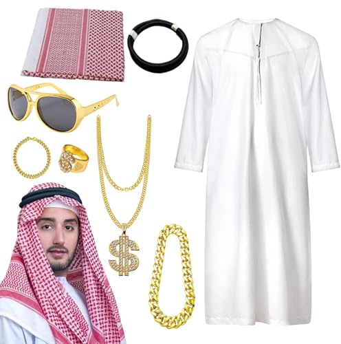 Arabisches Kostüm Set - Naher Osten Verkleidung Zubehör - Naher Osten Outfit Herren - Dress Up, Rollenspiel für Party, Karneval, Weihnachten, Bühnenauftritt, Themenpartys