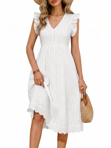 PASUDA Vestido Mujer Verano Casual Vestido Largo con Manga Volante Cuello V Elegante Cintura Alta A-Line Vestidos Hueco de Flores Jacquard Sólida Algodón Vestidos de Playa con Bolsillos (Blanco, L)