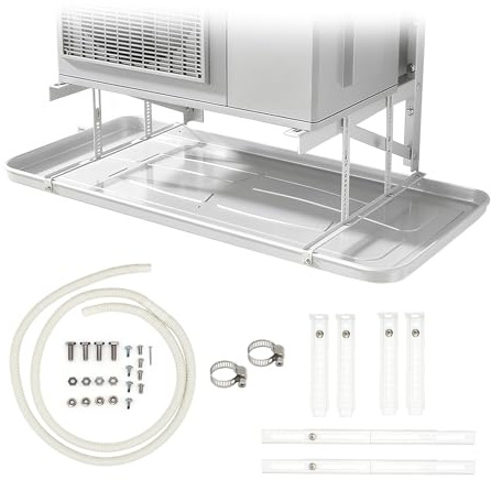 Ralertreik Bandeja de Condensación para Aire Acondicionado – Acero Inoxidable 304 Blanco – Uso Exterior, Anticorrosión, con Tubería de Drenaje y Soporte Ajustable 840x390x35mm