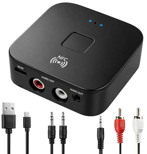 5.0 Bluetooth Audio Receiver Adapter 3.5mm AUX or RCA Input NFC Wireless | Receiver Bluetooth Extender with Dual Interface for Car Speaker Home Stereo Theater Amplifier Audio Headphone Laptop