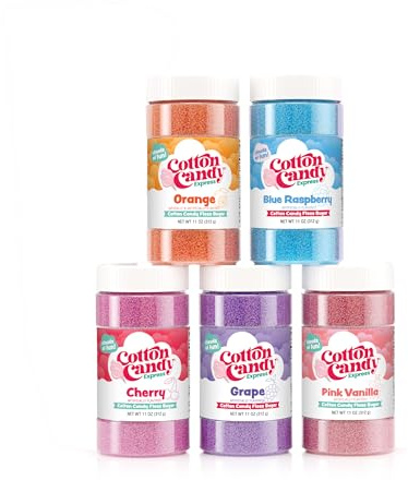 Cotton Candy Express Floss Sugar Variety Pack with 5 - 11oz Plastic Jars of Orange, Blue Raspberry, Pink Vanilla, Grape, & Cherry Flossing Sugars. Use with Cotton Candy Express Countertop Machine