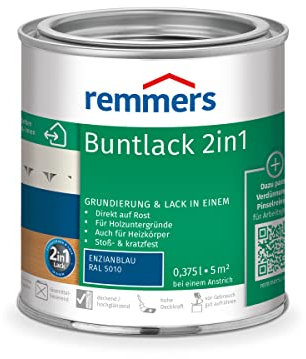 Remmers Buntlack 2in1 enzianblau (RAL 5010), 0,375 Liter, Buntlack für Holz, Eisen, Stahl, inkl. Grundierung und Rostschutz, innen und außen