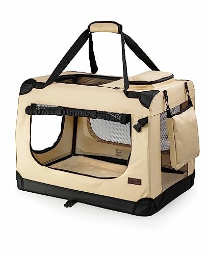 lionto Caisse de Transport Pliable pour Chien & Chat, 90x61x65 cm, Tissu Oxford Robuste + poignées & Couverture, pour Animaux Jusqu’à 22 kg, Caisse pour Petits & Grands, Beige