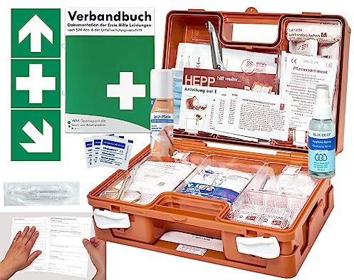 Verbandskoffer/Verbandskasten (K) Typ CS -Paket 1- Erste Hilfe nach aktueller DIN 13157 für Betriebe -DSGVO- INKL. PERFORIERTEM VERBANDBUCH + Hygiene-Gel & Sprühpflaster + AUFKLEBER