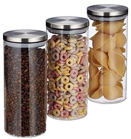 Relaxdays Vorratsglas 3er Set, 1,3 L, luftdicht, Edelstahl Deckel, für Pasta, Müsli & Reis, Küchenbehälter, transparent