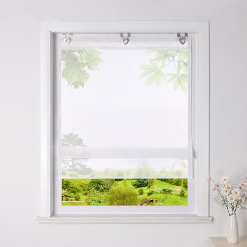 Heichkell Voile Raffrollo ohne Bohren Transparente Raffgardine mit U-Haken Unifarbiges modernes Ösenrollo Weiß H*B 130 * 45cm