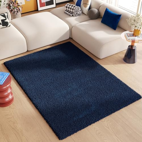 TAPISO Essence Teppich Hochflor Langflor Shaggy Dunkelblau Rechteckig Super Weich Felloptik Schlafzimmer Wohnzimmer ÖKO-TEX 120 x 170 cm