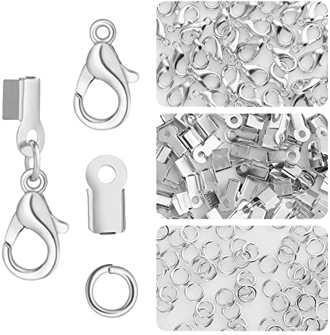 450 Piece Jewelry Making Accessories Kit Include 200 Fold Over Cord End Caps Crimp End Tips 200 Jump Ring Connectors and 50 Lobster Claw Clasps for Jewelry Making and Bracelets (Silver)