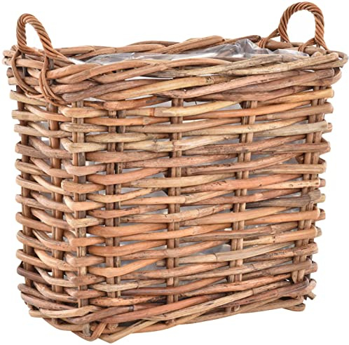 Stabiler Pflanzkorb Dekokorb Flechtkorb mit Griffen Holzkorb Natur-Rattan (Natur SCHMAL mit Folie)
