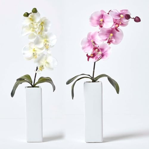 HOMESCAPES Set di 2 orchidee artificiali color crema e rosa in custodia sottile color crema con foglie realistiche e steli in vero legno per la decorazione di interni