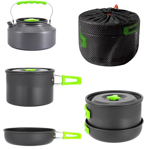 aiGear Camping Cooking Set/Cooking Mess Kit | Outdoor Camping Essentials - Pot Pan and Kettle | Portable Lightweight Aluminum | for 2-3 People to Backpacking Hiking Trekking Picnic (CC01GN05)