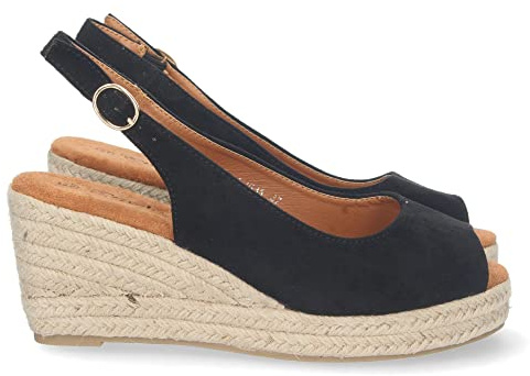 shoes&blues.es 70965-Sandalia de Cuna para Mujer, Forrada de Yute, Punta Abierta, y Cierre de Hebilla en el Tobillo, Primavera Verano 2023. Talla 39 Negro