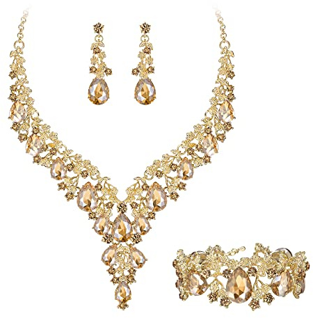 Clearine Damen Hochzeit Braut österreichischen Kristall Teardrop Blume Cluster Statement Halskette Ohrringe und Armband Schmuck-Set für Prom