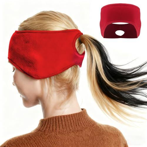 Fleece-Pferdeschwanz-Stirnband, Winter-Ohrenwärmer für Damen und Mädchen, perfekt zum Laufen, Yoga, Skifahren, Fahrrad an kalten Tagen, hält warm und winddicht, feuchtigkeitsableitend, Rot