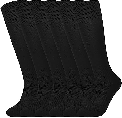Kids Soccer Socks Boys Football Socks 6 Pairs Breathable Girls Knee High Sock 7-10 Years Baseball Softball Sports Children(Black, M)
