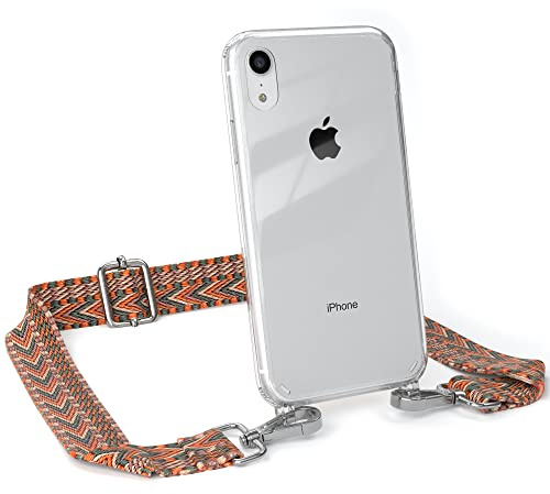 EAZY CASE Handykette - Verstellbares Taschenband kompatibel mit iPhone XR, Schulterriemen, Handykordel mit Silikon Hülle, Umhängetasche, Orange Grün Silber
