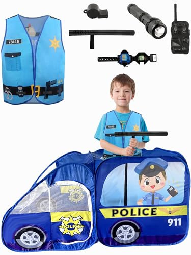 Fahacop 7 Pcs Kids Police Car Pop Up Play Tent Police Playset Police Vest Hat Policeman Officer Vest Costume for Boys Girls