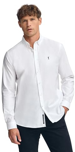 Polo Club Camicia Oxford Uomo con Logo Ricamato 100% Cotone, Bianco Puro -M