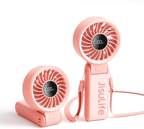 JISULIFE Handheld Fan Life7 – Ultimate Flexibility: High-Power Motor, LED Display, 19.5 Hrs Cooling, 5000mAh Rechargeable, 5-Speed, Foldable Design, 3-IN-1 Portable Fan for Travel Cruise Beach(Pink)