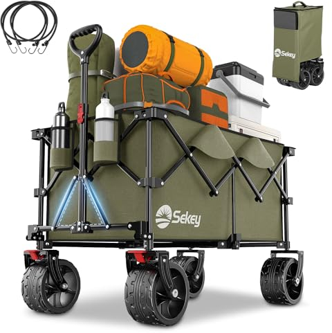 Sekey XXL Plus Chariot de Jardin Pliable avec Freins 200L 150KG, Chariot de Transport Tout-Terrain avec Roues Extra Larges 17x10 cm, Pliable Breveté dans Quatre Directions SE4011, Vert Olive