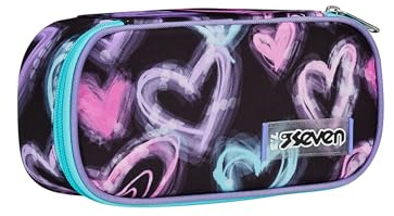 Seven Portapenne Scuola Round Plus, Nero. Rosa, Brilliant Heart, Bustina Ovale Con Tasca Interna ed Elastici Porta Penne, Accessori Zaino, Elementari, Medie, Superiori, Bambina Ragazza