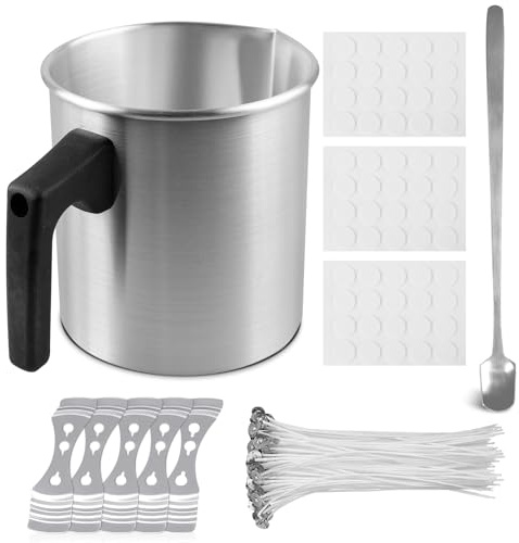 GOMETY 1.2L Kerzenherstellung Kit, Kerzenherstellung Topf DIY Kerzen Selber Machen Set Kerzenschmelztiegel mit Löffel, 5 Edelstahl kerzen Festen Halter, 60 Dochte und Aufkleber Duftkerze für Kerze
