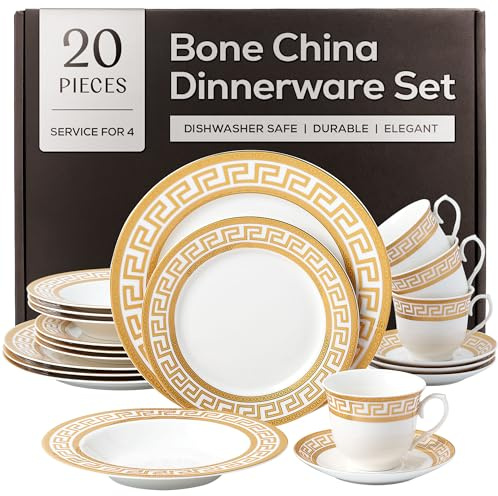 Joseph Sedgh Collection Service de table 20 pièces en porcelaine anglaise pour 4 personnes, clé grecque blanche et dorée