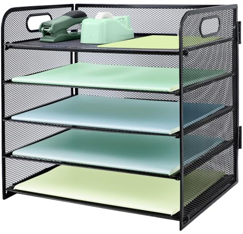 IOUGDSEC 5 Fächer Briefablage aus Metall mit Griff, A4-Netzeinsatz in Tablett, Büro Schreibtisch Organizer Dokumentenhalter Aktenablage Zeitschriftenhalter,Schwarz