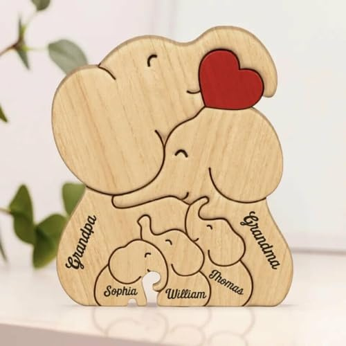 Drawelry Personalisiert Elefant Statue Holzpuzzle Dekoration mit 2-9 Familien Namen Gravur Holz Elefante Umarmen Puzzles Skulptur Ornamente Home Deko Geschenke für Familie Freund Paar Papa Mama (A1)