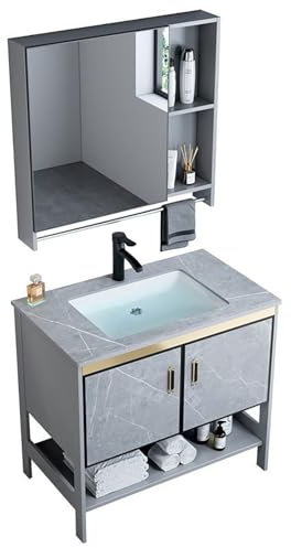 Badezimmer-Eckwaschbecken Mit Unterschrank, Eck Badezimmerschrank Mit Waschbecken und Spiegelschrank, Waschbecken Set for Kleine Räume, Badmöbel Set für Kleine Bäder(80cm)